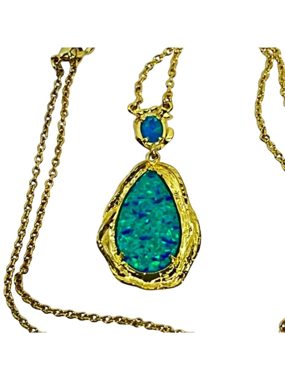Gold Tone Cable Chain Necklace With Faux Blue/Green Opal Pendant (6392) - Picture 6 of 6